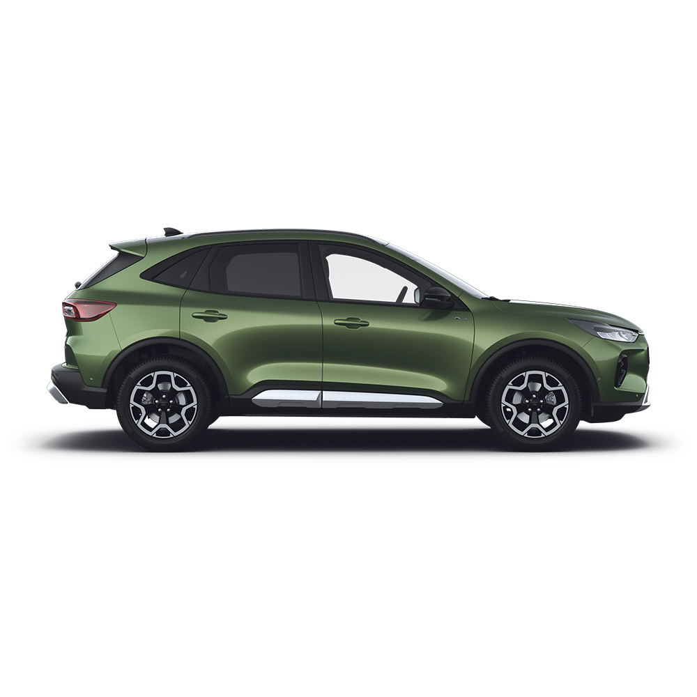 A green Ford Kuga self-charging hybrid car.