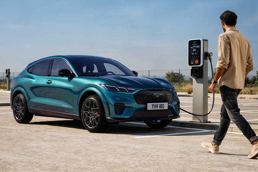 A blue-green Ford Mustang Mach-E charging at an outdoor station, with a person walking towards it.