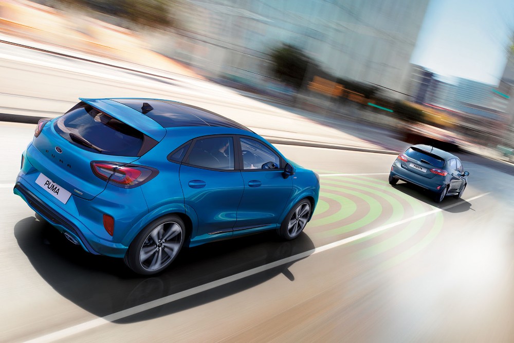 Blue Ford Puma with adaptive cruise