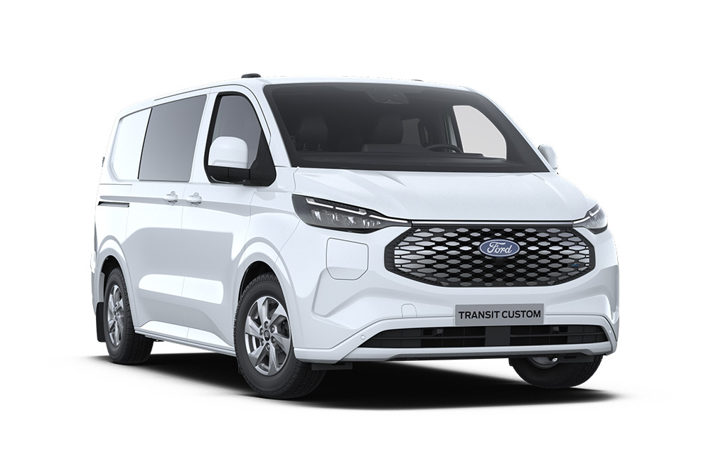 White Ford E-Transit Custom electric double cab-in-van, angled front view.
