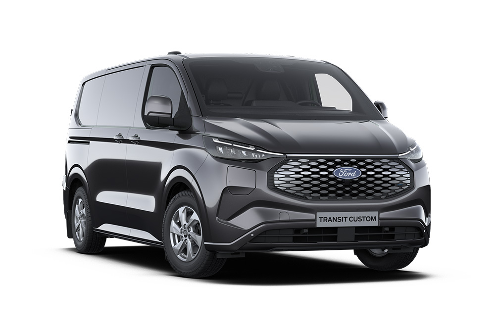 Dark gray Ford E-Transit Custom Limited van, front view.