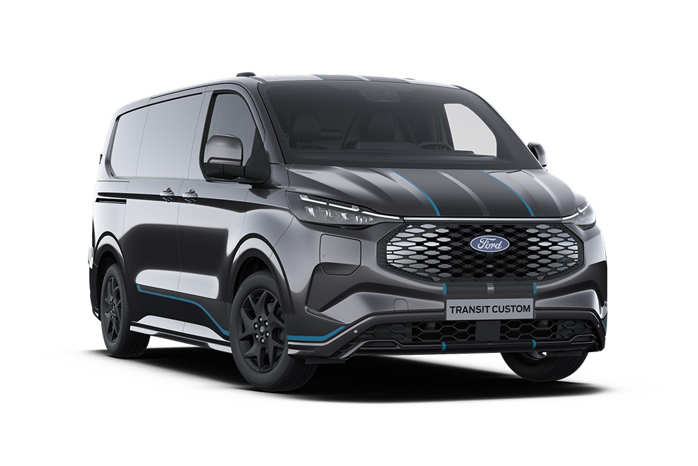 Dark gray Ford E-Transit Custom Sport van, front view.