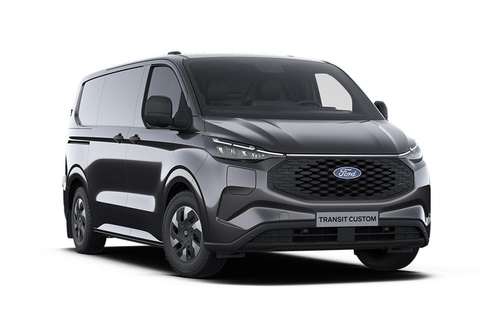 Dark gray Ford E-Transit Custom Trend van, front view.