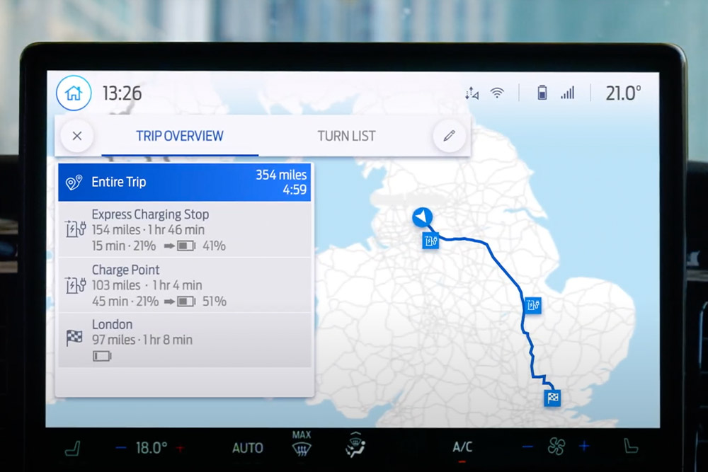 Navigation screen in a Ford Transit Custom showing a trip overview with charging point stops.