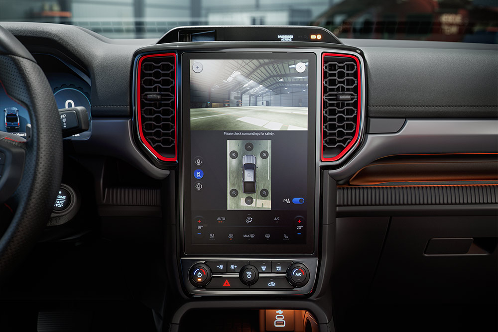 Close up view of a Ranger Raptor's dashboard, highlighting the 360 degree camera.
