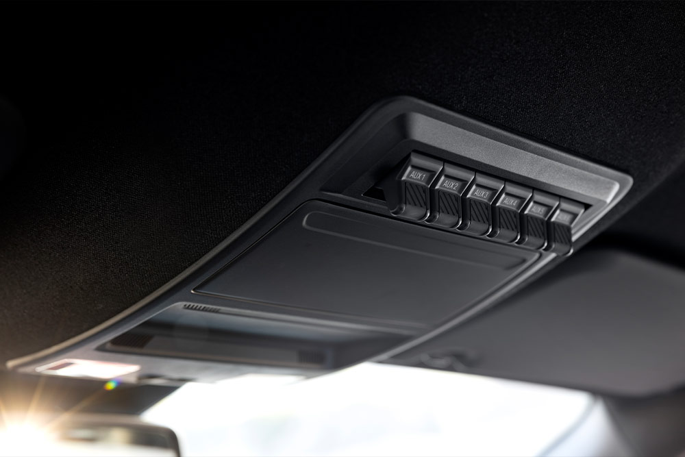 Close up view of a Ford Ranger Raptor's upfitter switches.