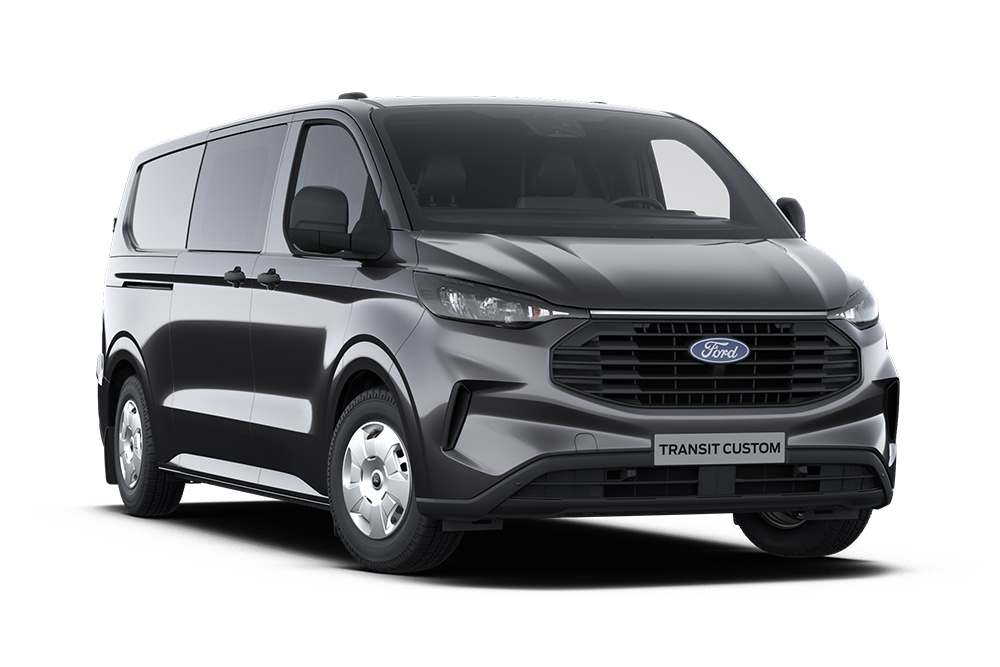 Front left angle of a dark grey Ford Transit Custom multi-cab Trend on a white background.