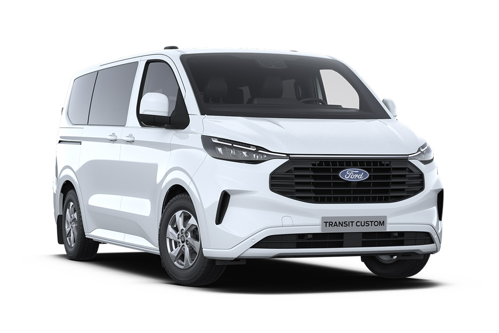 Front left angle of a white Ford Transit Custom Kombi on a white background. 