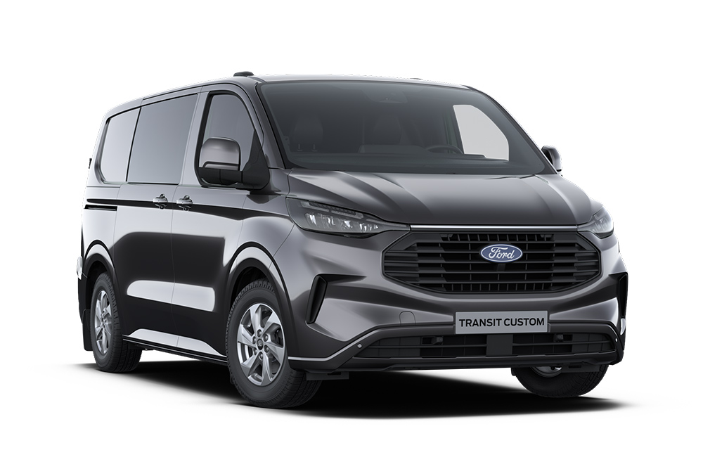 Front left angle of a dark grey Ford Transit Custom multi-cab Limited on a white background.