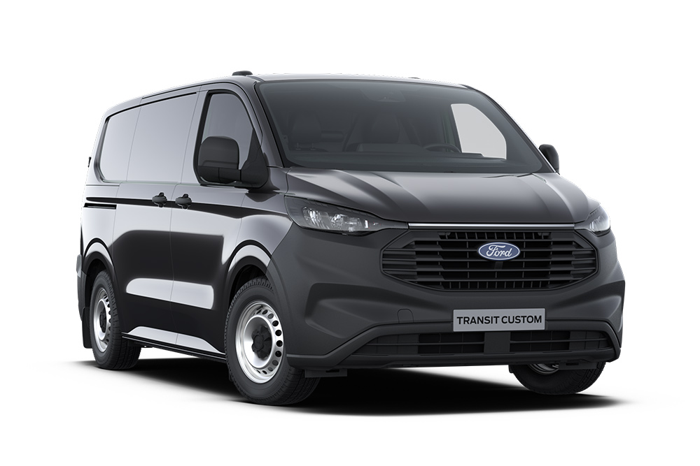 Front left angle of a dark grey Ford Transit Custom van on a white background.
