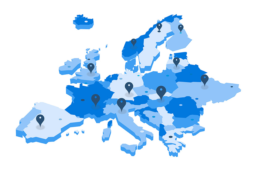  A blue map of Europe with multiple pins marking the many locations of trusted Ford Pro vehicle convertors.