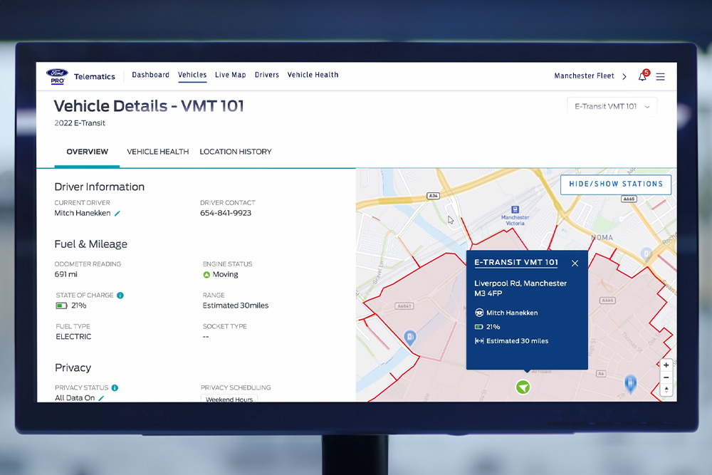 A dashboard displaying Ford's GPS Fleet Tracking feature.