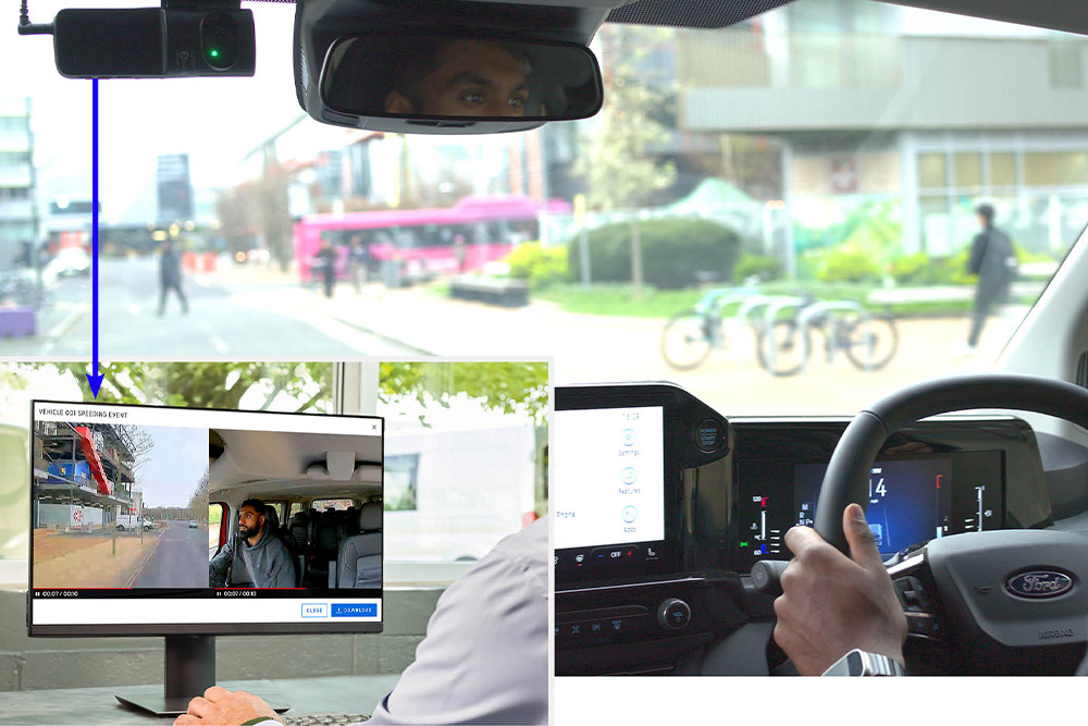 Active dashcam on a windscreen, connected to a computer
