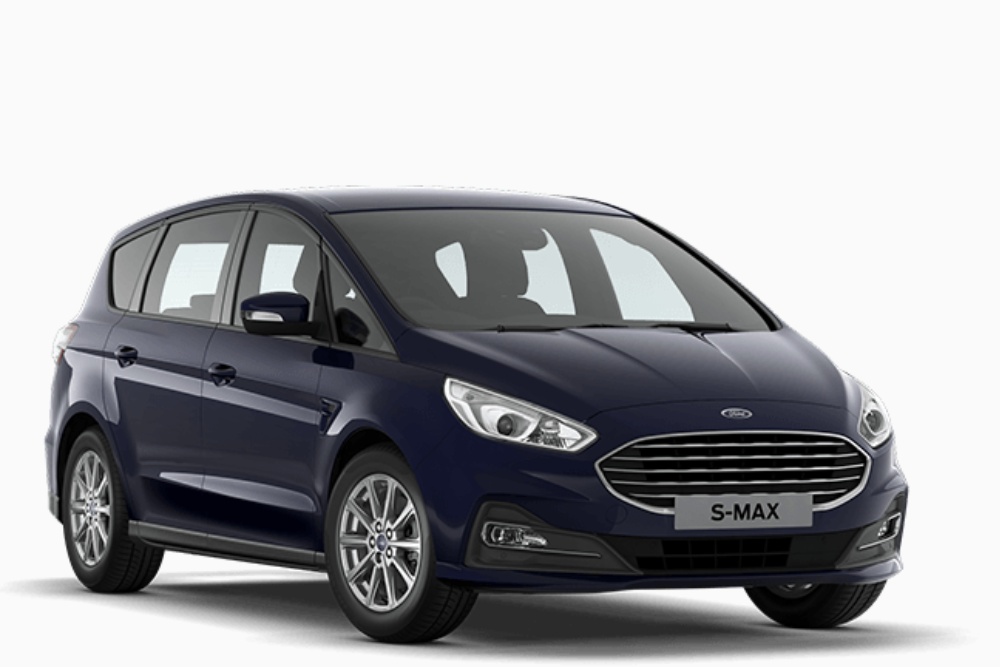 A blue Ford S-MAX on a white background.