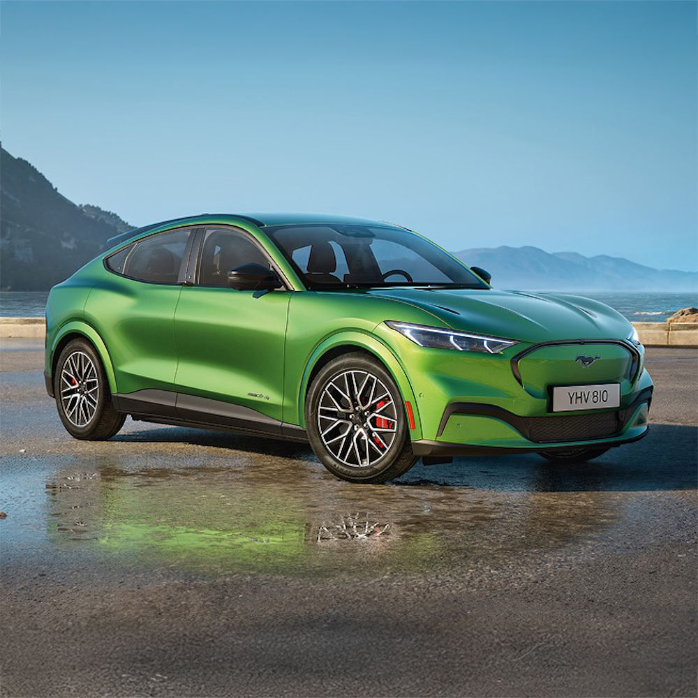 Front view of a green Ford Mustang Mach-E parked on a wet road with mountains in the background.